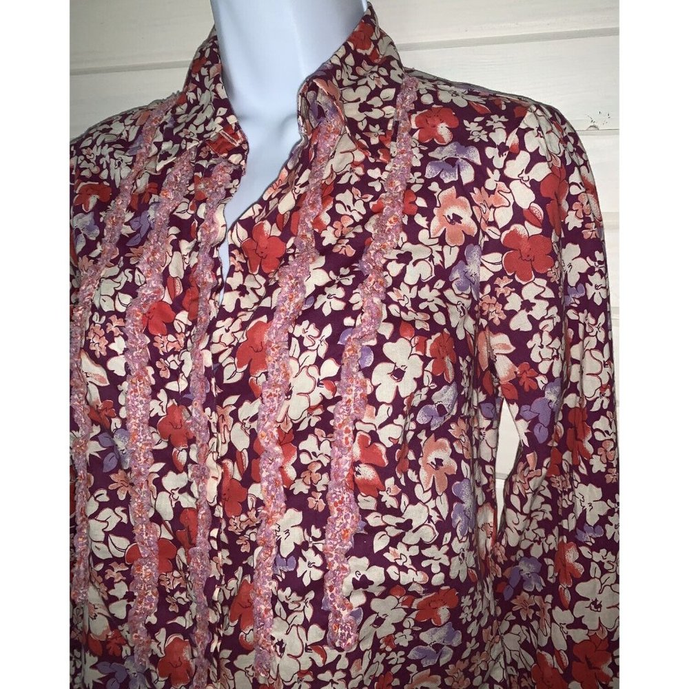 Johnny Cotton Sz 2 Button Up Colorful Floral Blouse Ruffles Lightweight EUC